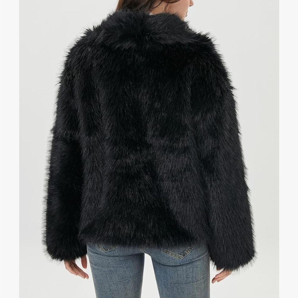 Elegant Black Faux Fur Coat women collared jacket - Picture 4 of 7